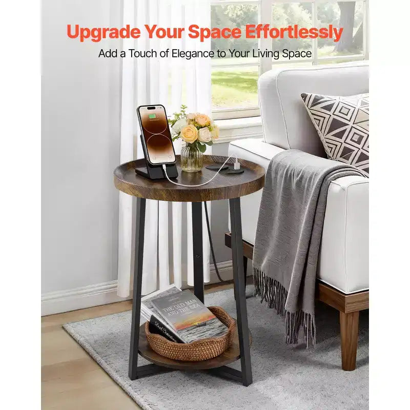 Table d'appoint VEVOR, table d'appoint ronde à 2 niveaux avec étagères de rangement ouvertes, table de chevet moderne avec port de chargement USB et CA, bois, marron et noir
