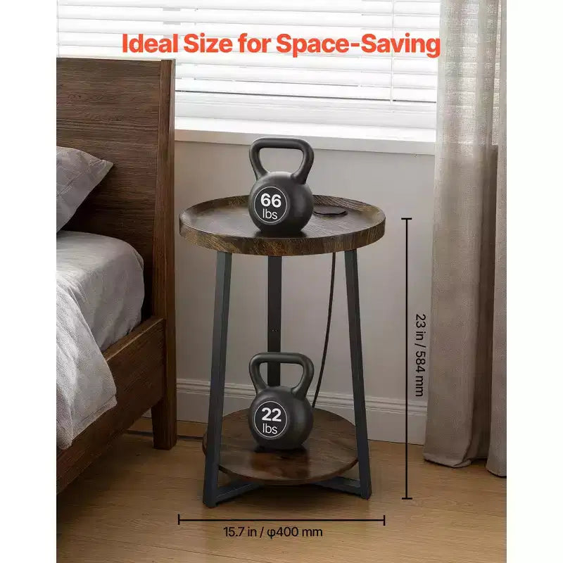 Table d'appoint VEVOR, table d'appoint ronde à 2 niveaux avec étagères de rangement ouvertes, table de chevet moderne avec port de chargement USB et CA, bois, marron et noir