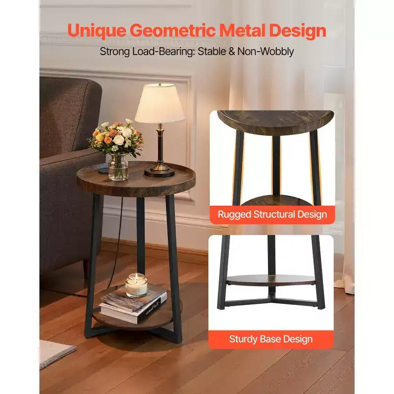 Table d'appoint VEVOR, table d'appoint ronde à 2 niveaux avec étagères de rangement ouvertes, table de chevet moderne avec port de chargement USB et CA, bois, marron et noir