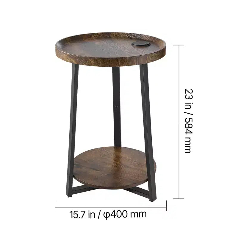 Table d'appoint VEVOR, table d'appoint ronde à 2 niveaux avec étagères de rangement ouvertes, table de chevet moderne avec port de chargement USB et CA, bois, marron et noir