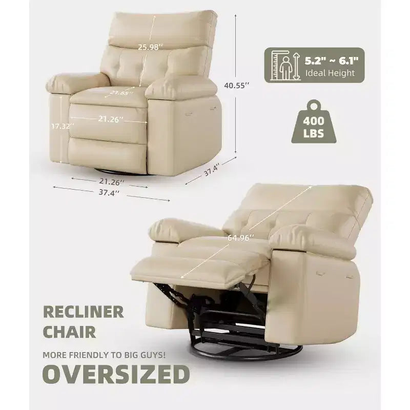 Fauteuil inclinable pivotant et basculant en cuir PU DobleePy de 21,26 pouces, base ronde pivotante à 360°, fonction massage et chauffage, canapé simple pour salon