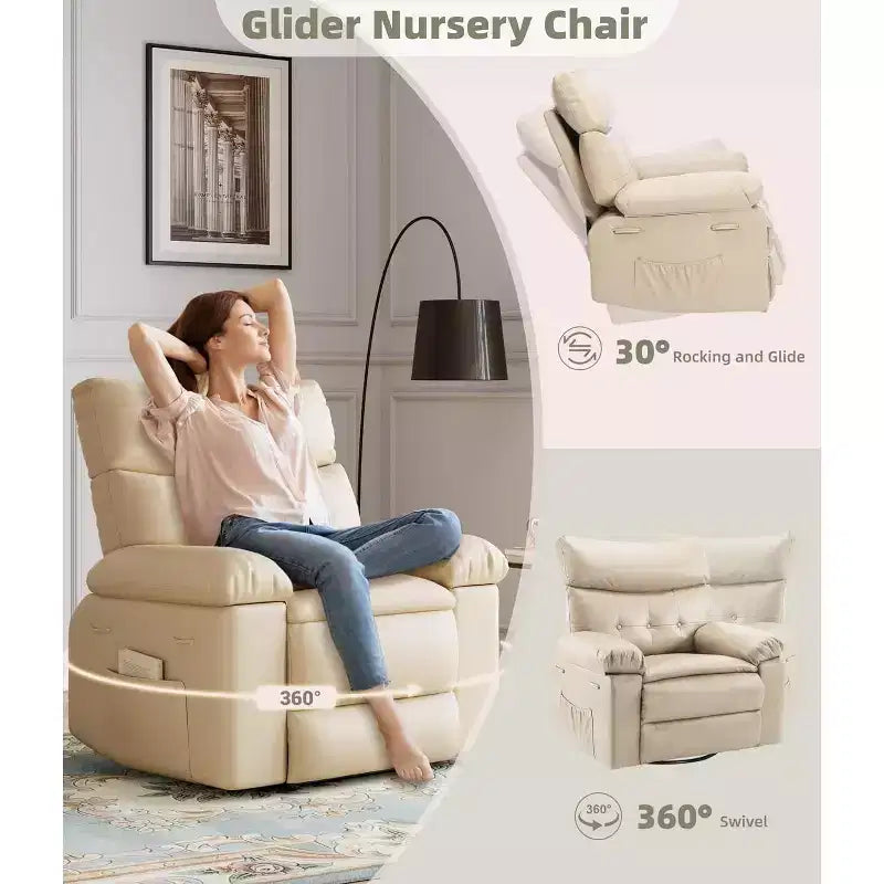 Fauteuil inclinable pivotant et basculant en cuir PU DobleePy de 21,26 pouces, base ronde pivotante à 360°, fonction massage et chauffage, canapé simple pour salon
