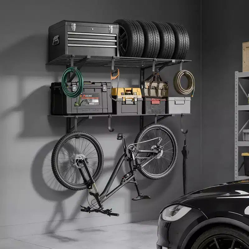 VEVOR Étagère murale de garage à 2 niveaux, Unité d'étagères murales en acier de 61 x 122 cm avec crochets, 61 x 122 cm par étagère, Capacité de poids totale de 236 kg, Noire
