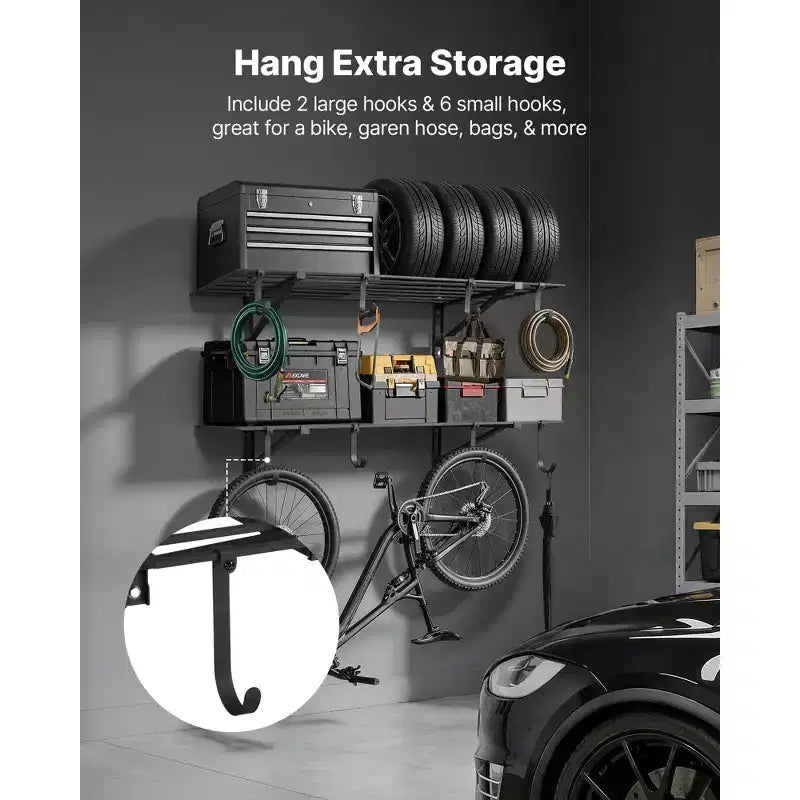VEVOR Étagère murale de garage à 2 niveaux, Unité d'étagères murales en acier de 61 x 122 cm avec crochets, 61 x 122 cm par étagère, Capacité de poids totale de 236 kg, Noire