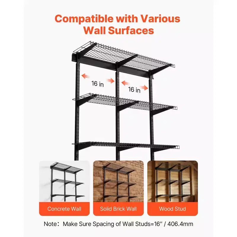 VEVOR Étagère de garage murale à 3 niveaux, unité de rangement murale en acier de 0,9 x 3 pi, 11 x 36 po par étagère, capacité de charge totale de 450 lb, noir