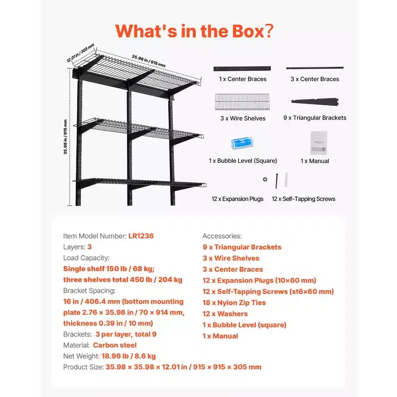VEVOR Étagère de garage murale à 3 niveaux, unité de rangement murale en acier de 0,9 x 3 pi, 11 x 36 po par étagère, capacité de charge totale de 450 lb, noir