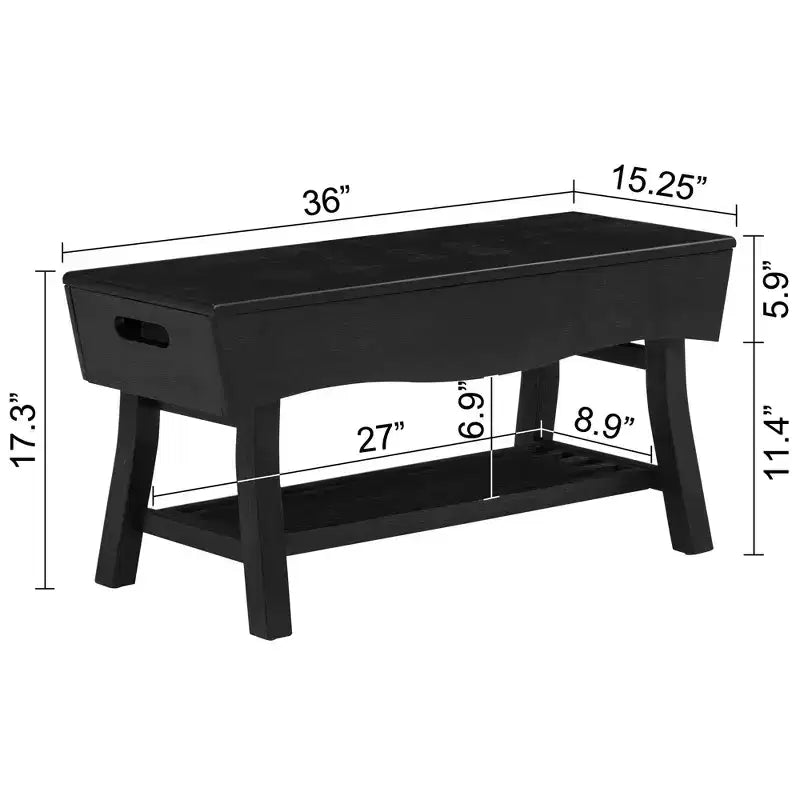 Banc eHemco en bois massif avec étagère de rangement et 4 panneaux, 36x15.25x17.3 pouces, Noir
