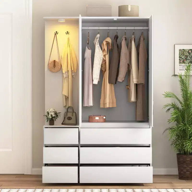 JVNOXK Armoire moderne en bois blanc 182 cm H, 2 portes 6 tiroirs, avec tringle à vêtements et étagères de rangement