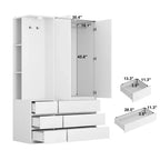 JVNOXK Armoire moderne en bois blanc 182 cm H, 2 portes 6 tiroirs, avec tringle à vêtements et étagères de rangement