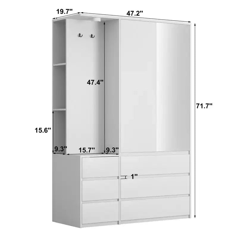 JVNOXK Armoire moderne en bois blanc 182 cm H, 2 portes 6 tiroirs, avec tringle à vêtements et étagères de rangement