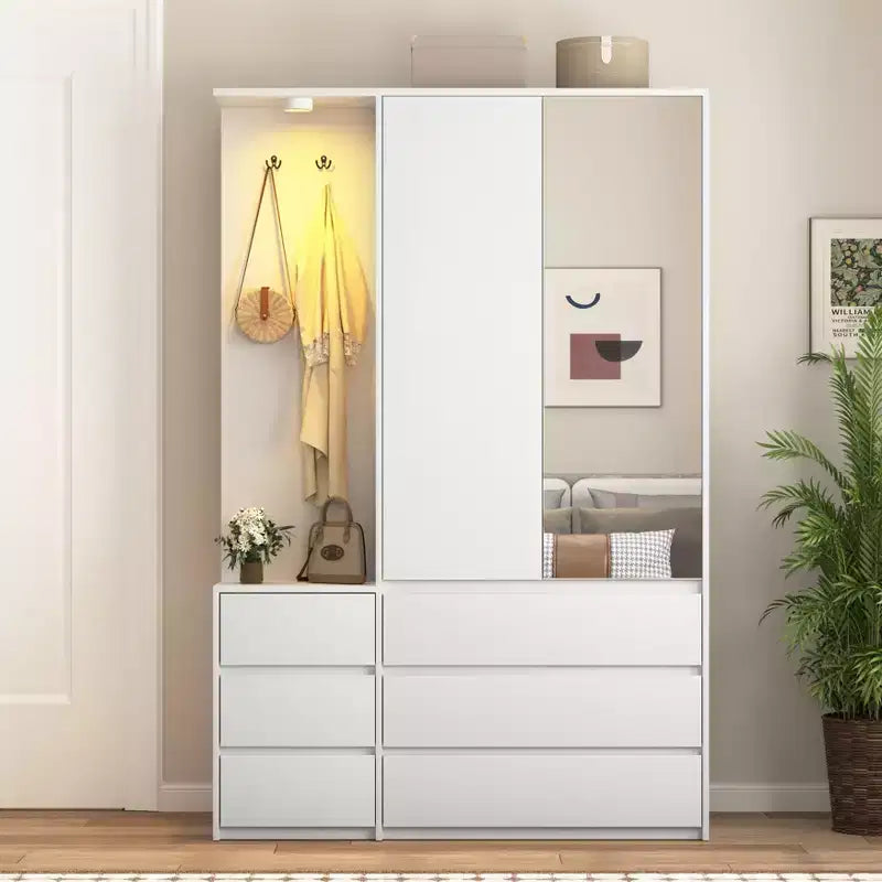 JVNOXK Armoire moderne en bois blanc 182 cm H, 2 portes 6 tiroirs, avec tringle à vêtements et étagères de rangement