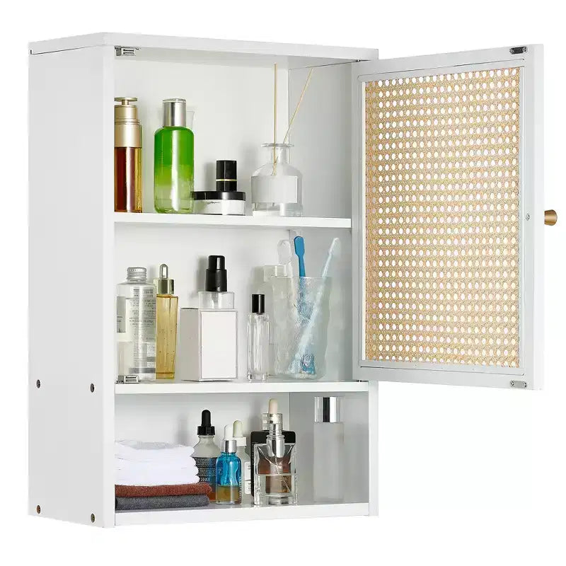 Meuble mural en bambou avec portes en rotin, organisateur de rangement compact avec étagère réglable pour salle de bain, cuisine, buanderie ou salon