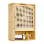 Bamboo Wall Cabinet with Rattan Doors, Adjustable Shelf Compact Storage Organizer for Bathroom, Kitchen, Laundry or Living Room