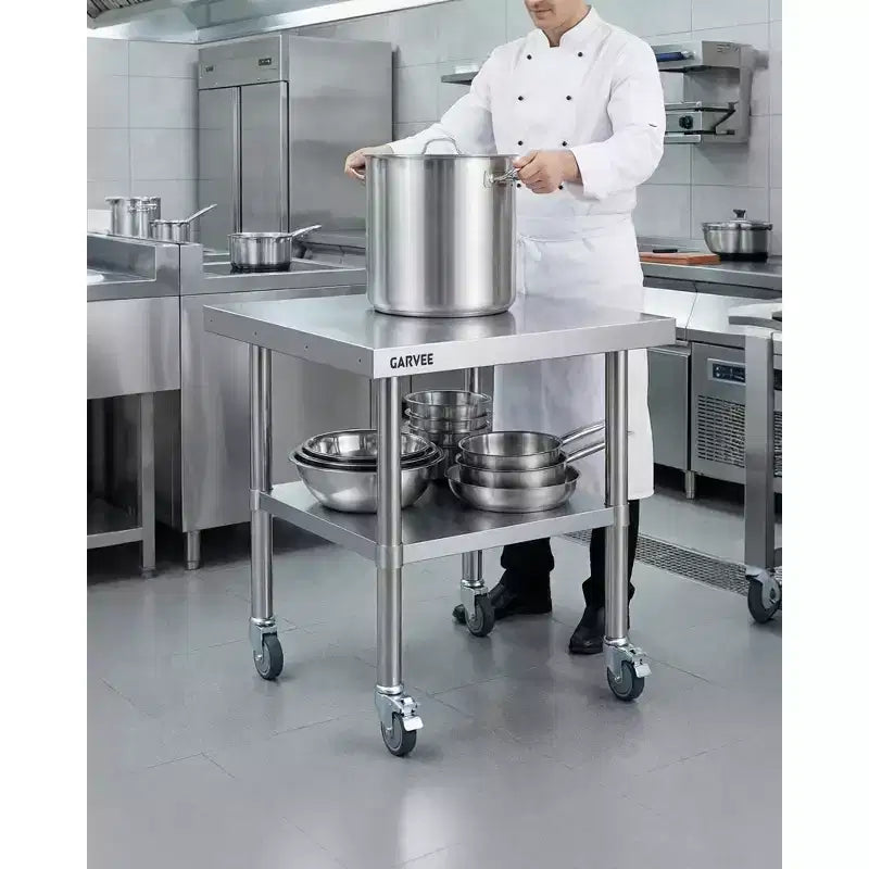 Table de Travail en Acier Inoxydable Robuste avec Roues - Rebord Amovible sur 3 Côtés, Étagère Inférieure Réglable, Station de Préparation Utilitaire pour Restaurant, Cuisine