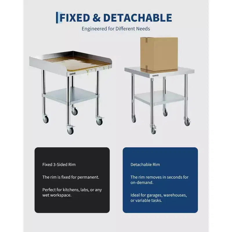 Table de Travail en Acier Inoxydable Robuste avec Roues - Rebord Amovible sur 3 Côtés, Étagère Inférieure Réglable, Station de Préparation Utilitaire pour Restaurant, Cuisine