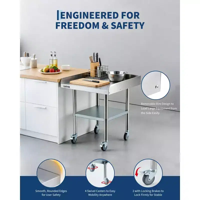 Table de Travail en Acier Inoxydable Robuste avec Roues - Rebord Amovible sur 3 Côtés, Étagère Inférieure Réglable, Station de Préparation Utilitaire pour Restaurant, Cuisine