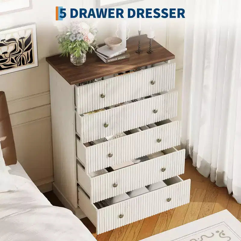 Acekool Commode Haute à 5 Tiroirs pour Chambre, Commode Verticale en Bois avec Base Surélevée