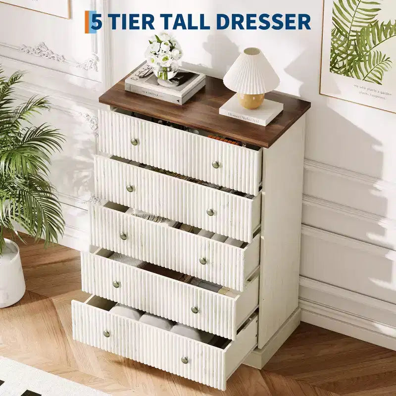 Acekool Commode Haute à 5 Tiroirs pour Chambre, Commode Verticale en Bois avec Base Surélevée