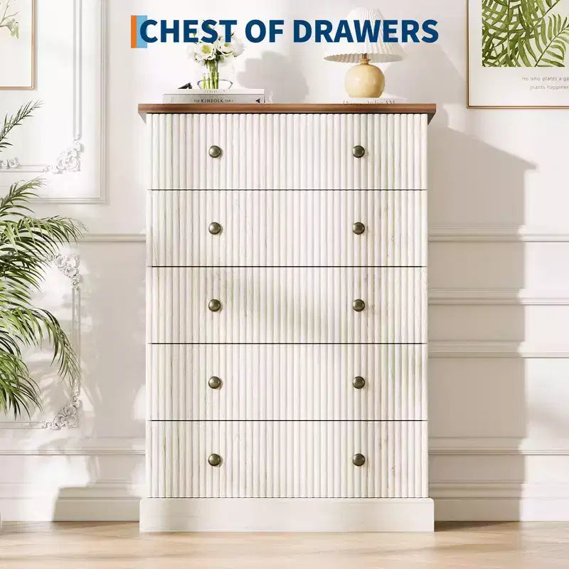 Acekool Commode Haute à 5 Tiroirs pour Chambre, Commode Verticale en Bois avec Base Surélevée
