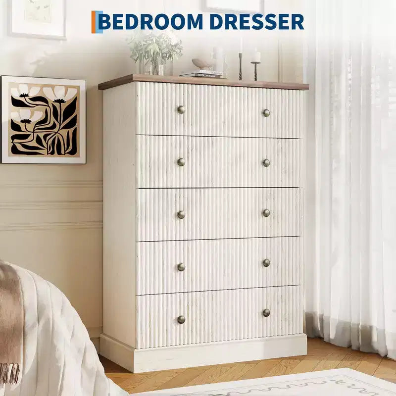 Acekool Commode Haute à 5 Tiroirs pour Chambre, Commode Verticale en Bois avec Base Surélevée