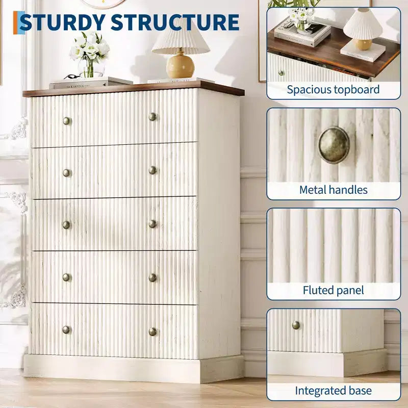 Acekool Commode Haute à 5 Tiroirs pour Chambre, Commode Verticale en Bois avec Base Surélevée