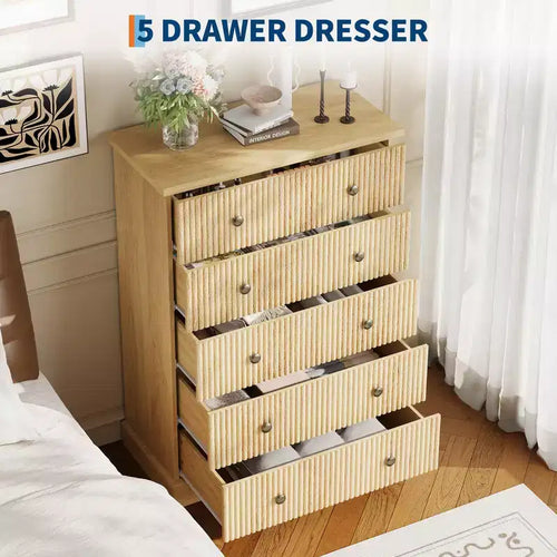 Acekool Commode Haute à 5 Tiroirs pour Chambre, Commode Verticale en Bois avec Base Surélevée