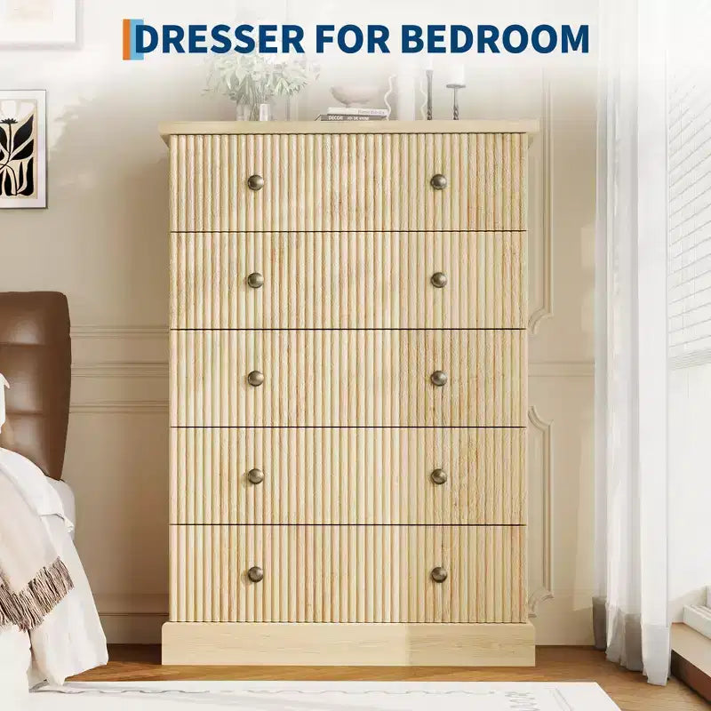 Acekool Commode Haute à 5 Tiroirs pour Chambre, Commode Verticale en Bois avec Base Surélevée