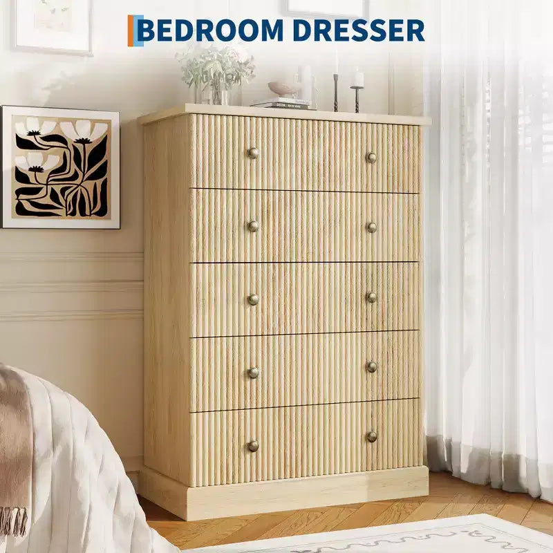 Acekool Commode Haute à 5 Tiroirs pour Chambre, Commode Verticale en Bois avec Base Surélevée