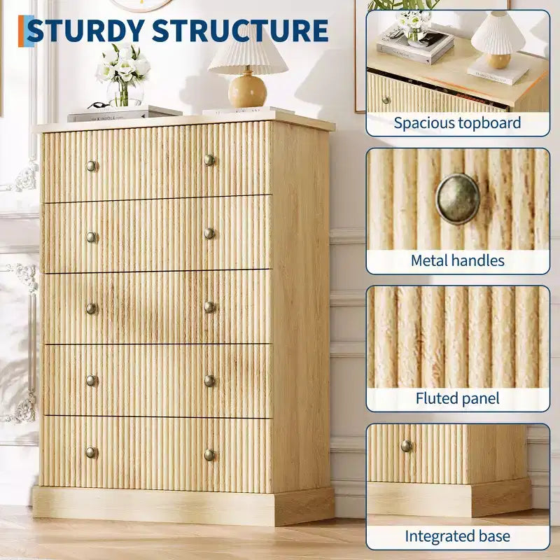 Acekool Commode Haute à 5 Tiroirs pour Chambre, Commode Verticale en Bois avec Base Surélevée