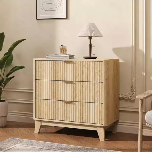 Acekool Fluted Nightstand with 3 Drawers Modern Wood Bedside Chest for Bedroom Living Room Entryway