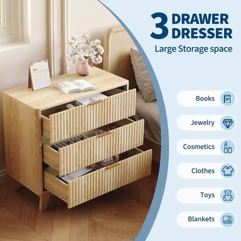 Table de chevet Acekool cannelée avec 3 tiroirs, commode moderne en bois pour chambre, salon, entrée