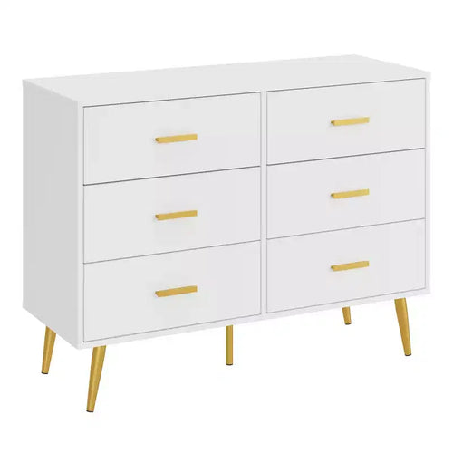 Acekool Modern 6 Drawer Wood Dresser with Gold Tone Handles for Bedroom Living Room