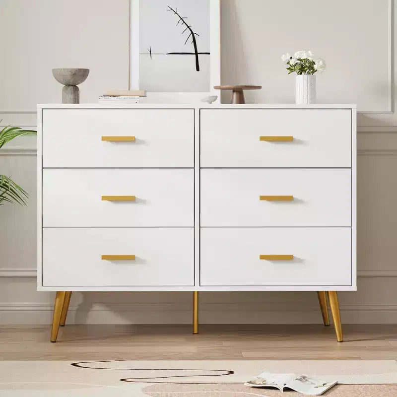 Acekool Commode Moderne en Bois à 6 Tiroirs avec Poignées Dorées pour Chambre à Coucher et Salon