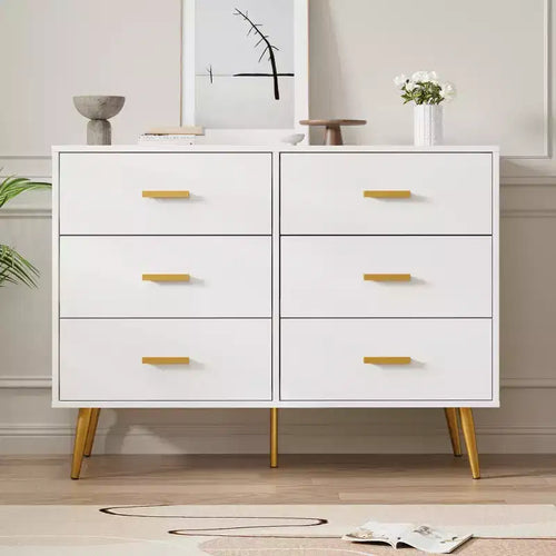 Acekool Commode Moderne en Bois à 6 Tiroirs avec Poignées Dorées pour Chambre à Coucher et Salon