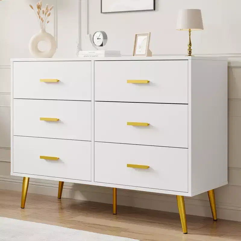 Acekool Commode Moderne en Bois à 6 Tiroirs avec Poignées Dorées pour Chambre à Coucher et Salon