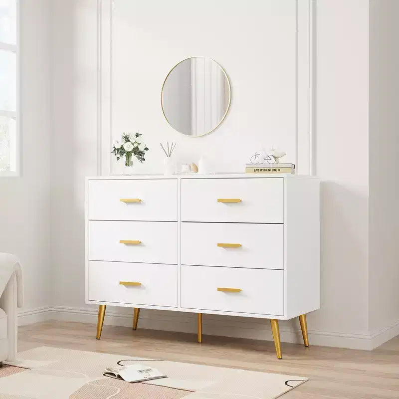 Acekool Commode Moderne en Bois à 6 Tiroirs avec Poignées Dorées pour Chambre à Coucher et Salon