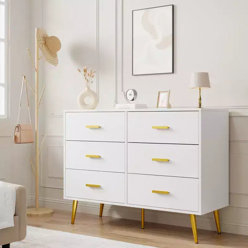 Acekool Commode Moderne en Bois à 6 Tiroirs avec Poignées Dorées pour Chambre à Coucher et Salon