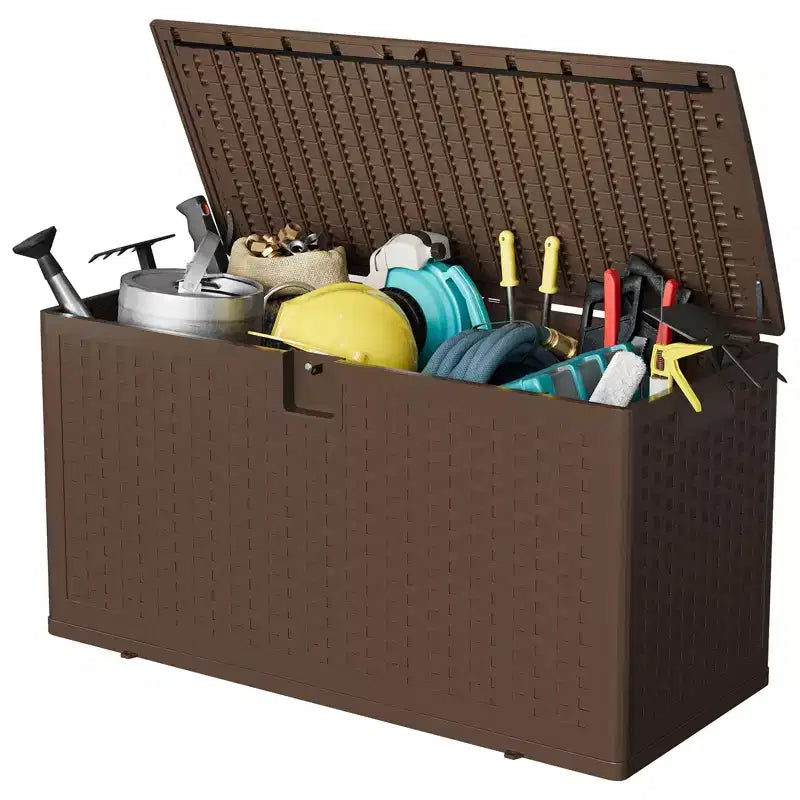 Coffre de rangement extérieur style rotin 276L (73 gallons), banc de rangement extérieur avec couvercle verrouillable, résine imperméable pour coussins de patio, équipement de jardin et de piscine