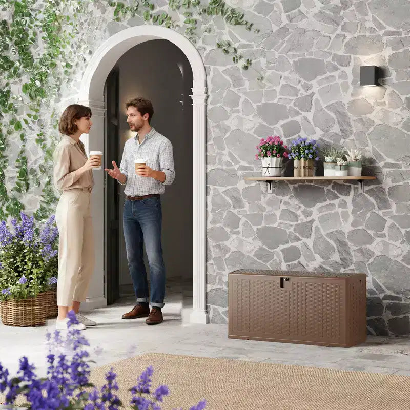 Coffre de rangement extérieur style rotin 276L (73 gallons), banc de rangement extérieur avec couvercle verrouillable, résine imperméable pour coussins de patio, équipement de jardin et de piscine