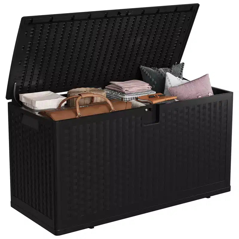 Coffre de rangement extérieur style rotin 276L (73 gallons), banc de rangement extérieur avec couvercle verrouillable, résine imperméable pour coussins de patio, équipement de jardin et de piscine