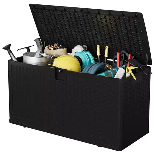 73 Gallon Rattan-Style Deck Box, Outdoor Storage Bench with Lockable Lid, Waterproof Resin for Patio Cushions, Garden & Pool Gear