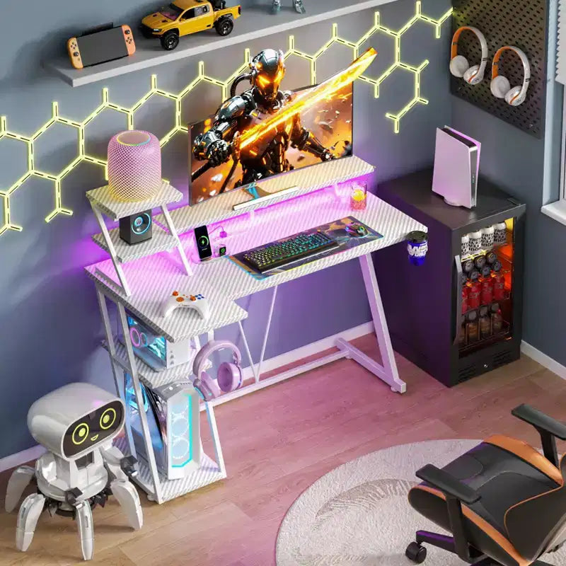 Bureau de jeu blanc de 39 pouces, petite table d'ordinateur en L avec support d'écran et étagères de rangement, bureau d'angle de joueur moderne en fibre de carbone, robuste pour l'étude