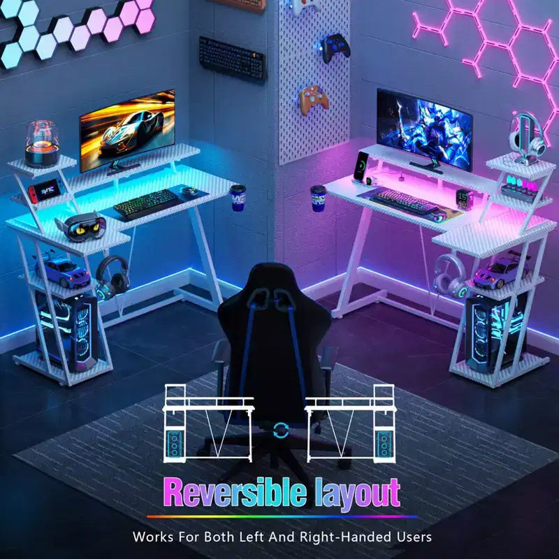 Bureau de jeu blanc de 39 pouces, petite table d'ordinateur en L avec support d'écran et étagères de rangement, bureau d'angle de joueur moderne en fibre de carbone, robuste pour l'étude