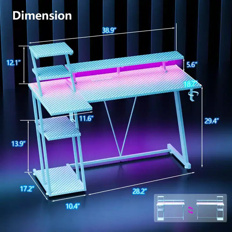 Bureau de jeu blanc de 39 pouces, petite table d'ordinateur en L avec support d'écran et étagères de rangement, bureau d'angle de joueur moderne en fibre de carbone, robuste pour l'étude