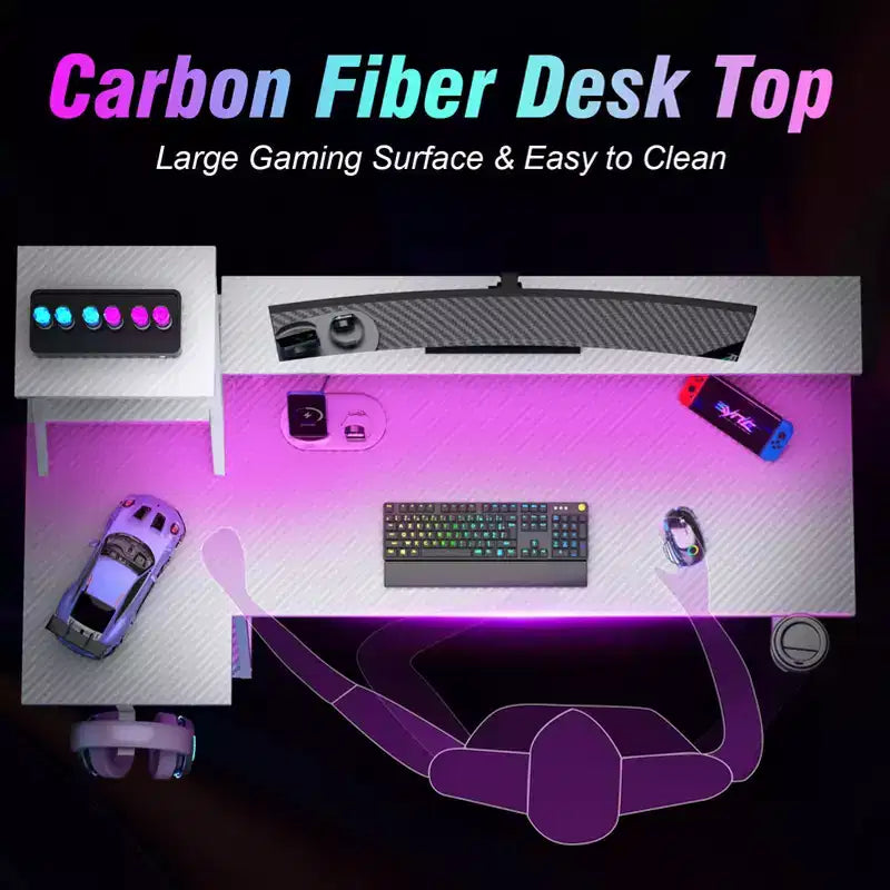 Bureau de jeu blanc de 39 pouces, petite table d'ordinateur en L avec support d'écran et étagères de rangement, bureau d'angle de joueur moderne en fibre de carbone, robuste pour l'étude