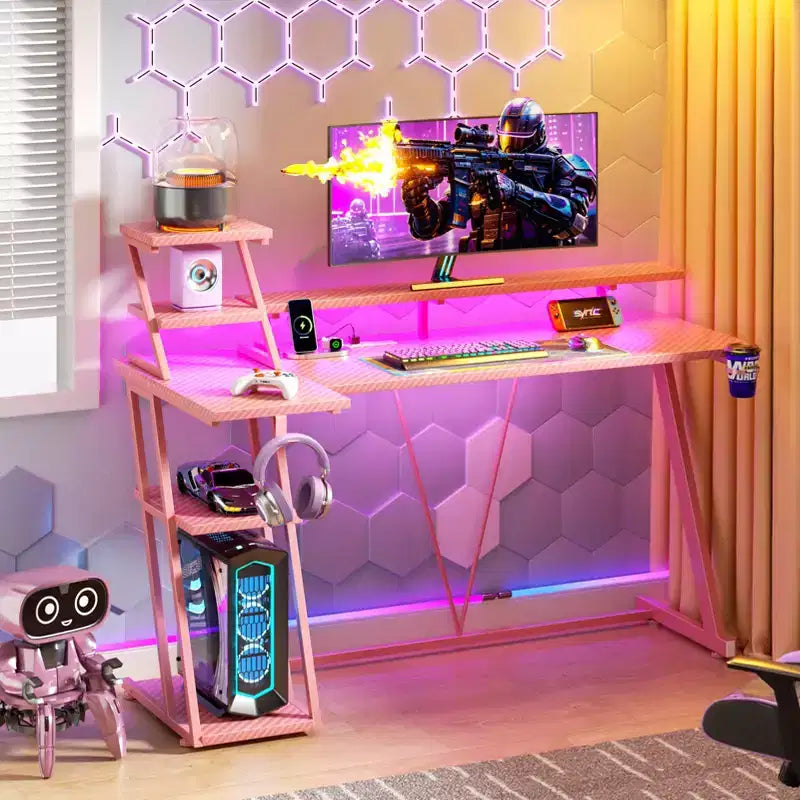 55 Inch Pink Gaming Desk L-Shaped Computer Desk with Shelves and Monitor Stand Gamer Workstation for Small Room Carbon Fiber Design Sturdy Frame