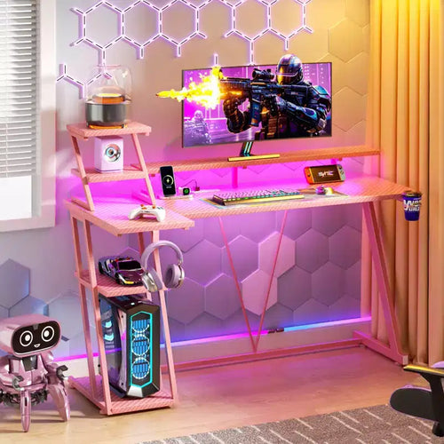 55 Inch Pink Gaming Desk L-Shaped Computer Desk with Shelves and Monitor Stand Gamer Workstation for Small Room Carbon Fiber Design Sturdy Frame