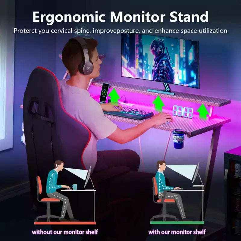 Bureau de jeu rose de 55 pouces, en forme de L, avec étagères et support d'écran, poste de travail de gamer pour petite pièce, design en fibre de carbone, cadre robuste