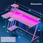 Bureau de jeu rose de 55 pouces, en forme de L, avec étagères et support d'écran, poste de travail de gamer pour petite pièce, design en fibre de carbone, cadre robuste