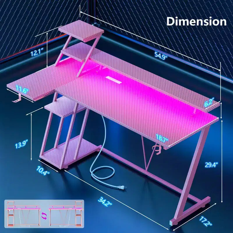 Bureau de jeu rose de 55 pouces, en forme de L, avec étagères et support d'écran, poste de travail de gamer pour petite pièce, design en fibre de carbone, cadre robuste
